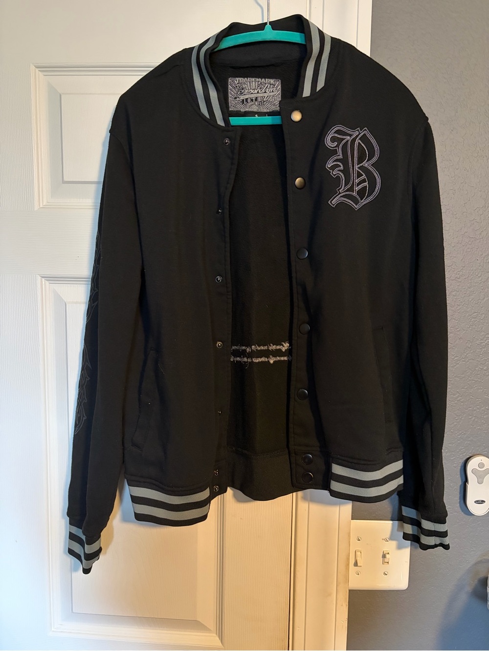 Fashion Nova Black Varsity Jacket with Gray Trim & Embroidered Blessed